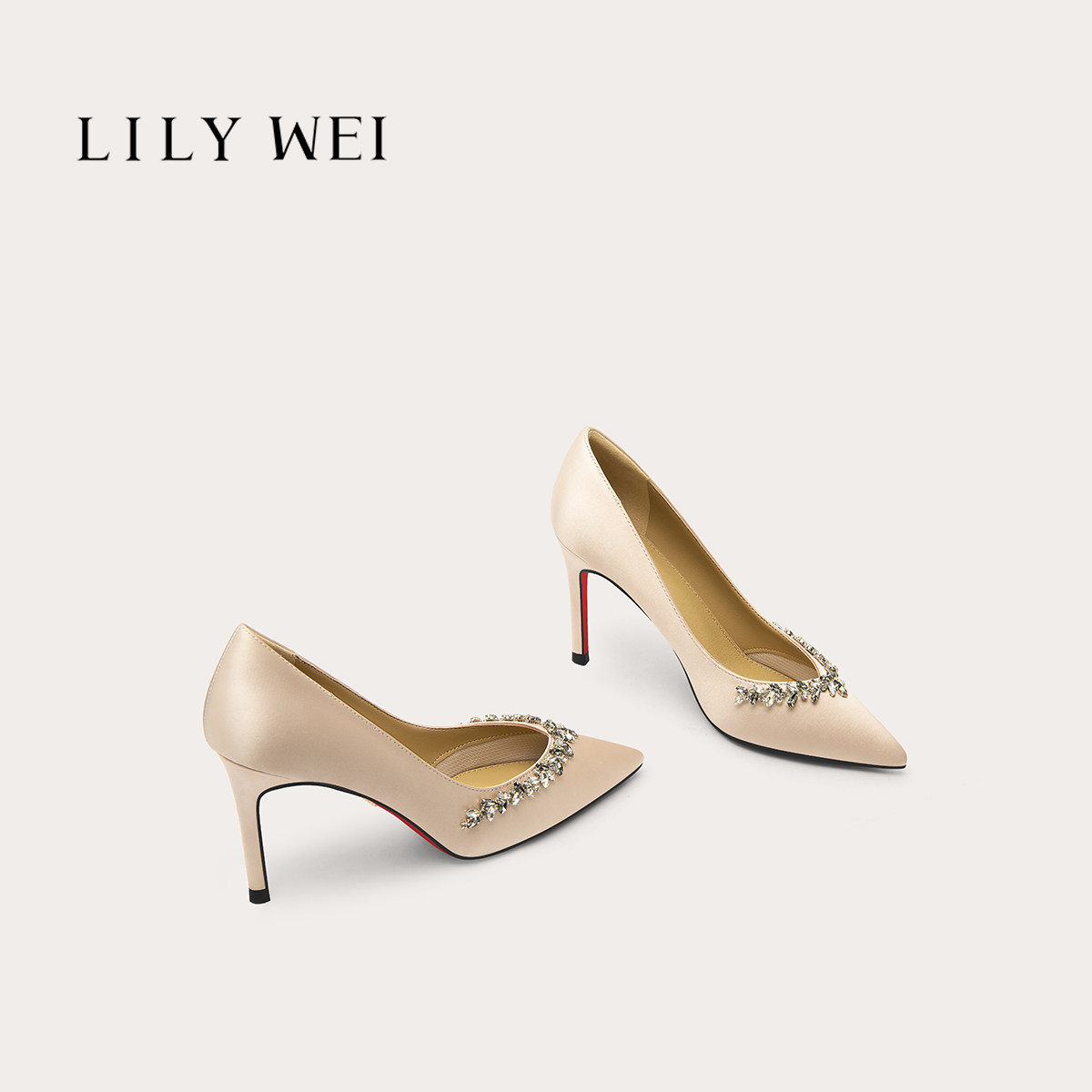 LilyWei【蜜芽】尖头细跟红底高跟鞋缎面水钻浅口单鞋婚宴礼服鞋