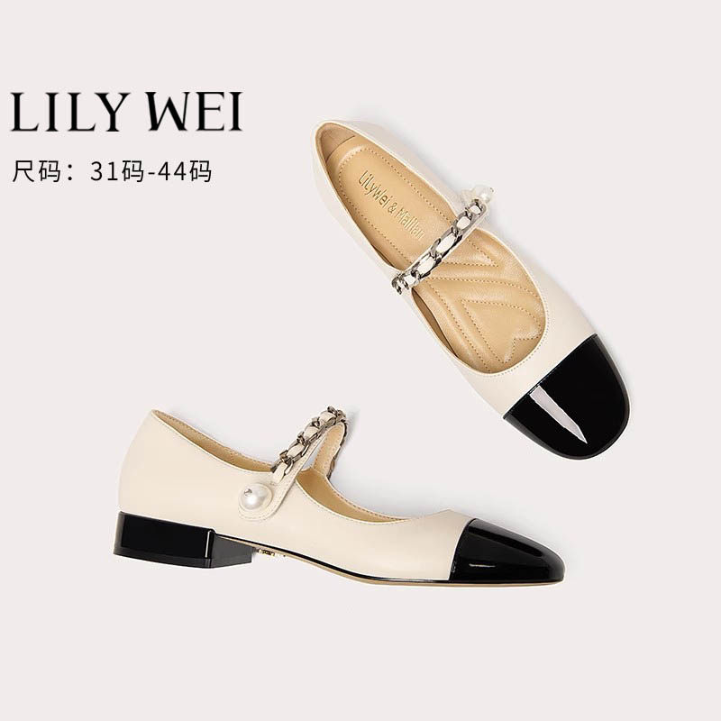 Lily Wei法式圆头玛丽珍鞋珍珠小码女鞋313233平底单鞋夏季配裙子