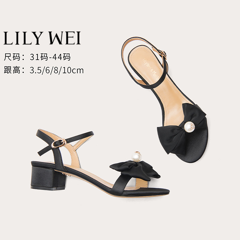 Lily Wei【素馨】黑色法式粗跟露趾凉鞋2025一字带蝴蝶结小码女鞋