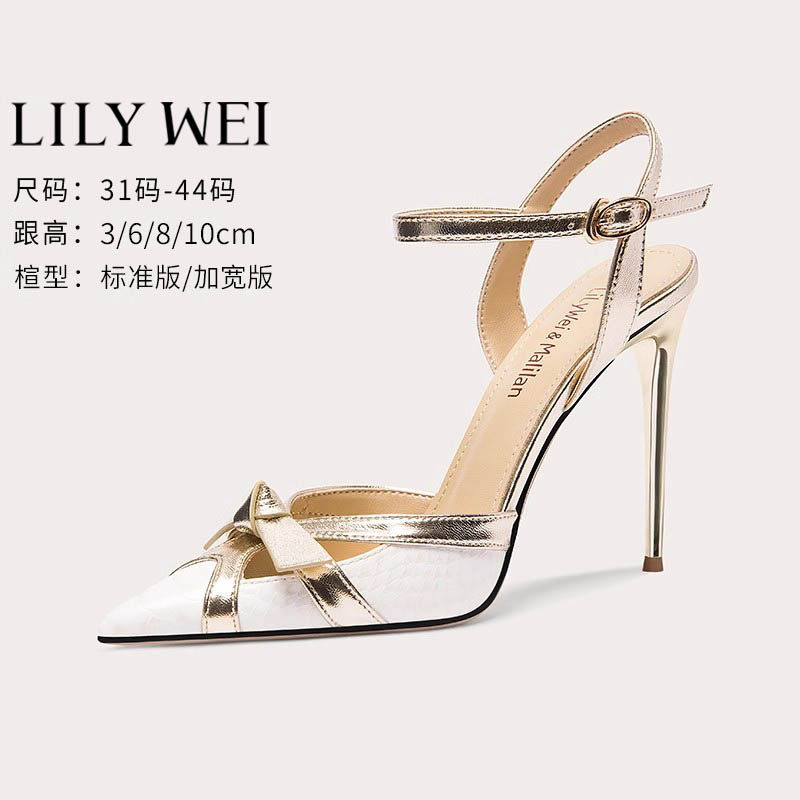 Lily Wei【焦糖布丁】新款斩男细跟高跟鞋甜美蝴蝶结凉鞋小码女鞋