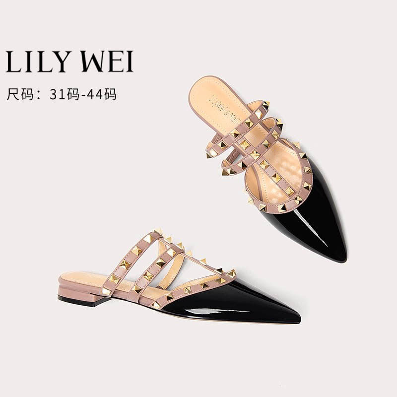 Lily Wei【镜心】网红夏季新款尖头半拖小码313233漆皮铆钉凉拖鞋