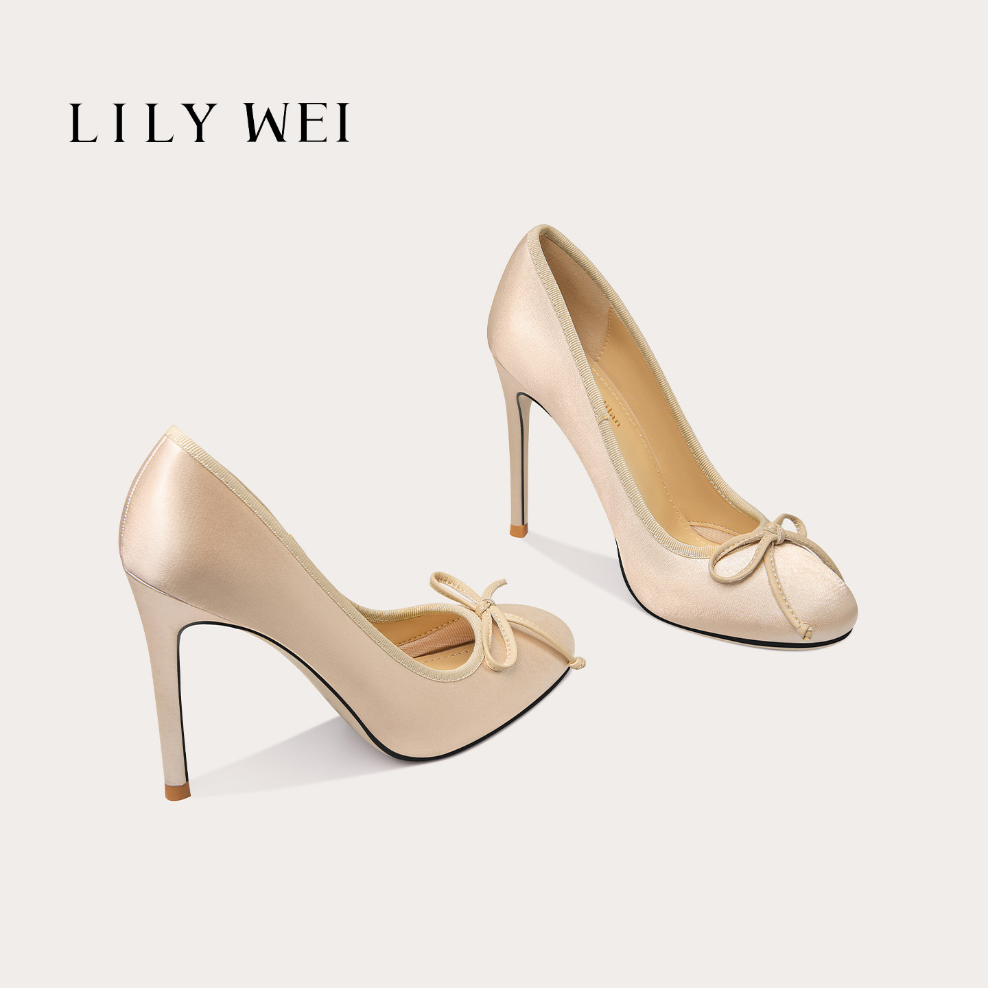 LilyWei【胭脂】芭蕾鞋香槟色绸缎面高跟鞋女蝴蝶结单鞋大码41-43