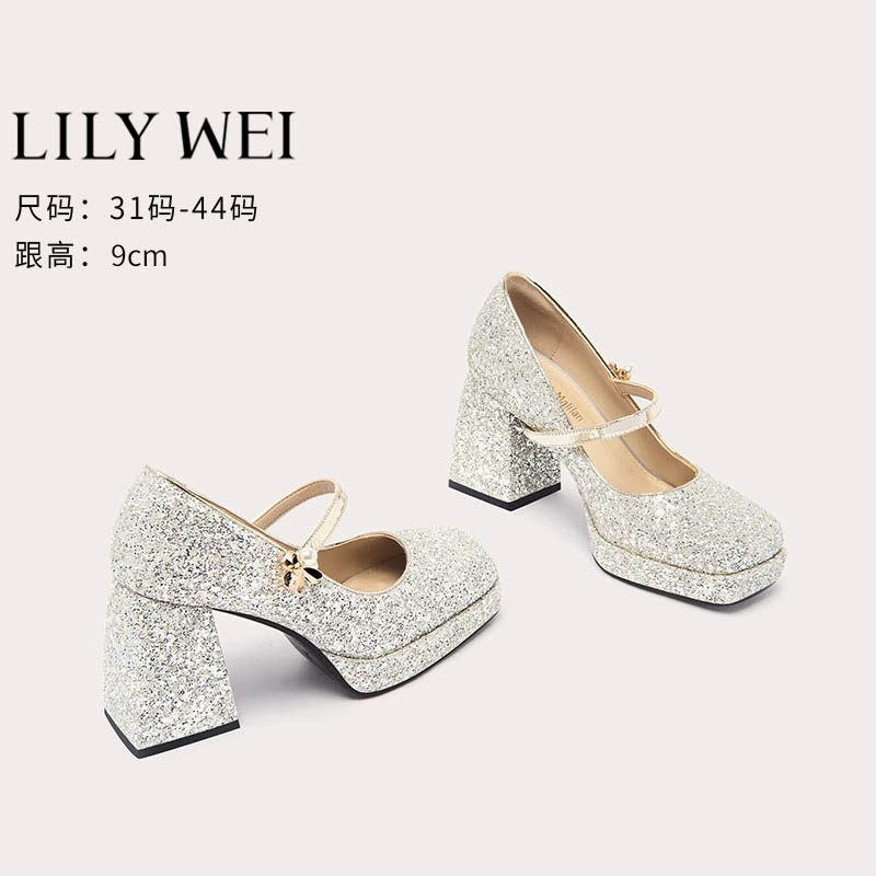 Lily Wei【金盏】甜美气质玛丽珍鞋婚宴鞋一字带高跟鞋小码313233