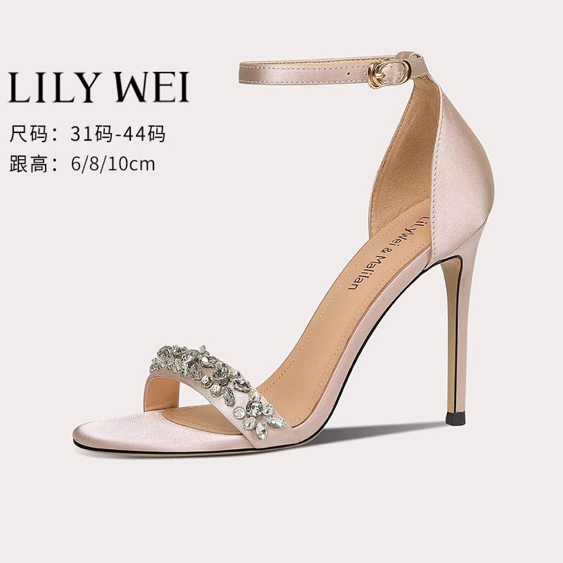 Lily Wei香槟粉色一字带凉鞋小码313233时装高跟鞋细跟气质仙女风