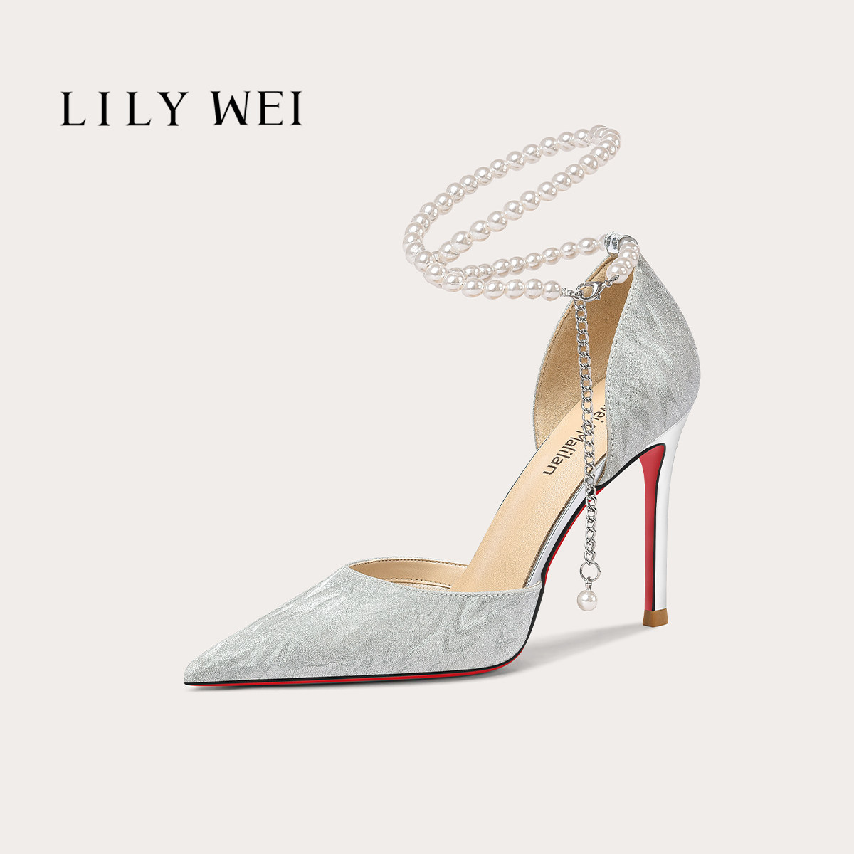 Lily Wei【灵犀】银色珍珠链条红底细跟高跟鞋中空红底一字带凉鞋