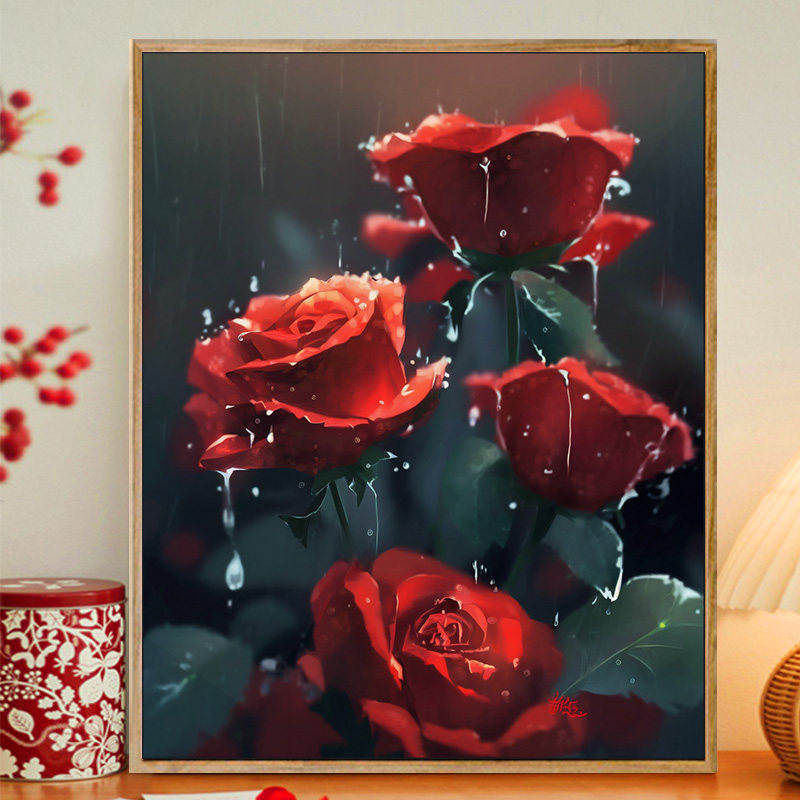 非之语 diy数字油画热情绽放红色玫瑰客厅摆件手工解闷丙烯油彩画