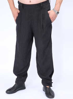 高三强唐装裤子中国风春秋季汉服亚麻松紧腰宽松束腿长裤16918