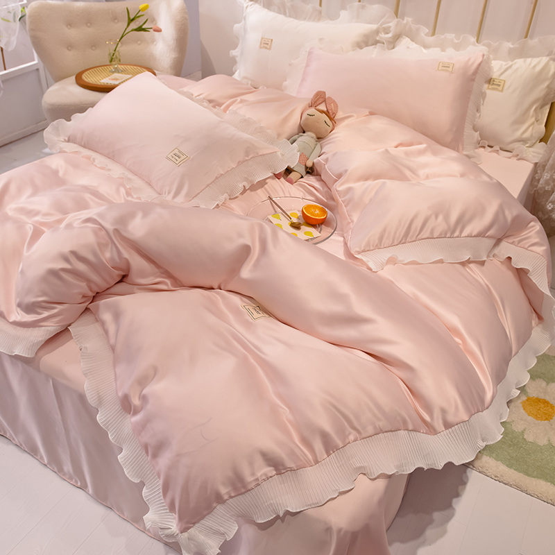 简约韩式公主风冰丝四件套丝滑裸睡夏季被套床单床上用品被罩床笠