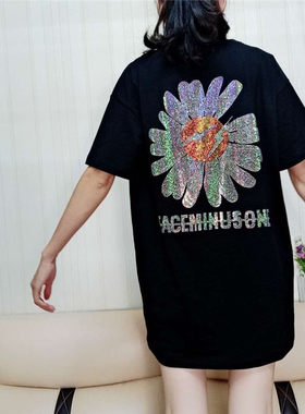 宝琦诺网红小雏菊T恤女2020夏宽松大版重工烫钻邹菊短袖中长款潮