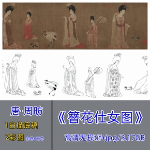 簪花仕女图白描底稿+高清原彩图/工笔仕女勾线稿古代美人图电子版