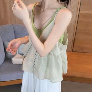 韩系小清新叠穿吊带背心两件套女夏季薄款别致气质无袖小上衣