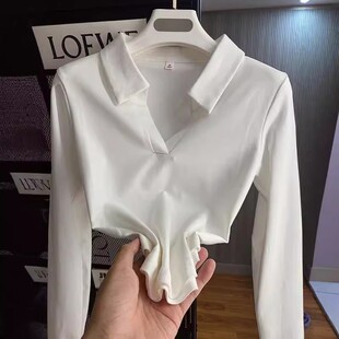 纯棉正肩polo领T恤女春秋复古港风常规修身V领上衣内搭长袖打底衫
