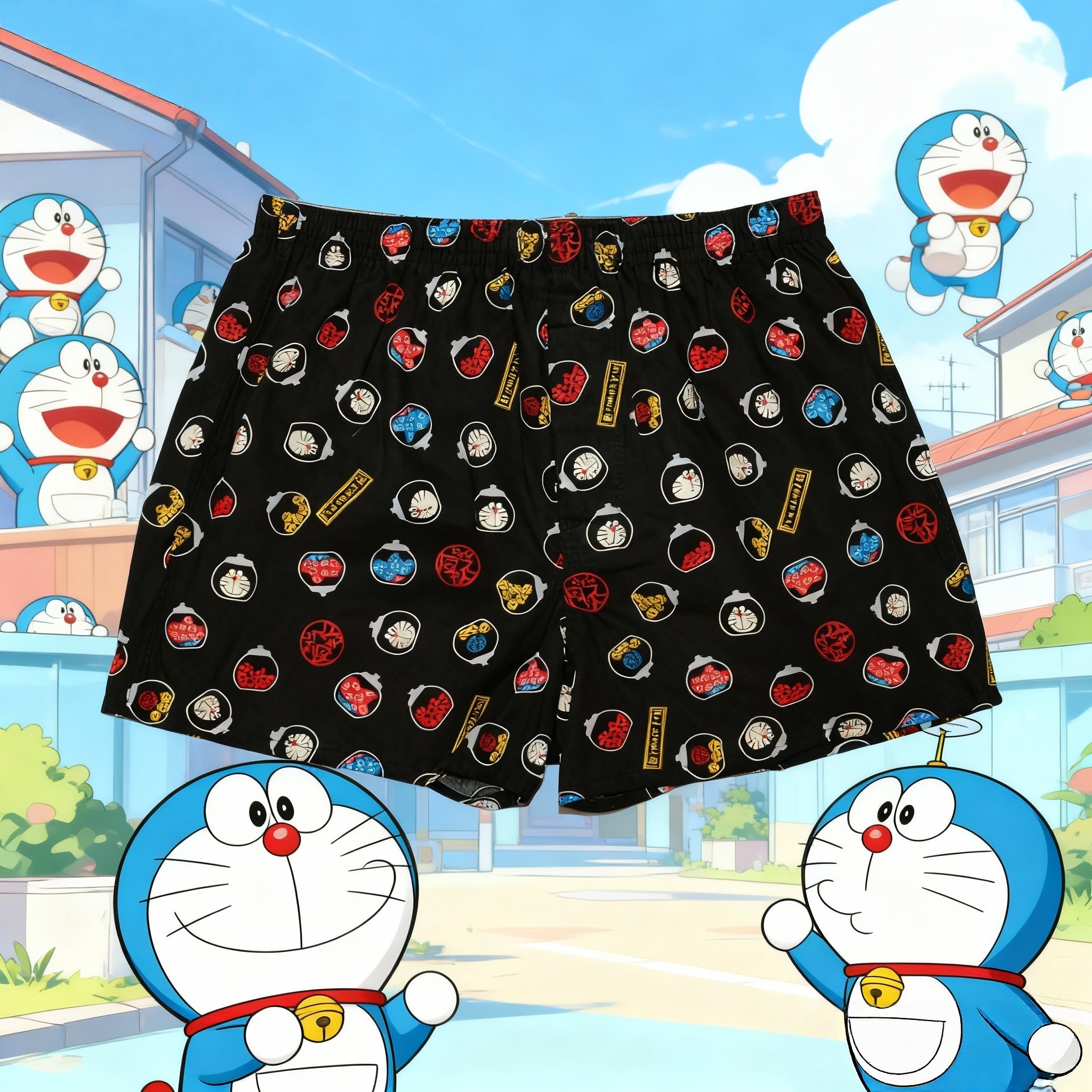 阿罗裤男棉质宽松大码家居休闲短裤卡通孖烟通哆啦A梦蓝胖子睡裤