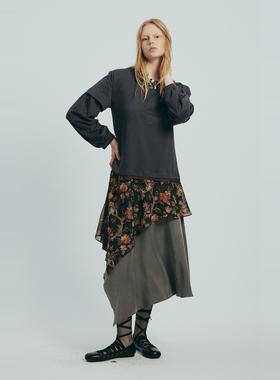 NEANT双截袖不规则多层下摆蓝灰印花撞色连衣裙