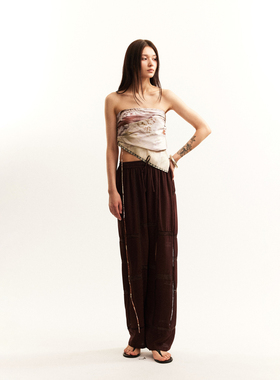 NEANT蕾丝拼接方块结构真丝咖色松紧腰休闲裤