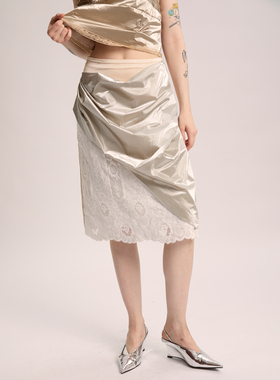 NEANT SS23 立体褶皱银色蕾丝拼接半裙