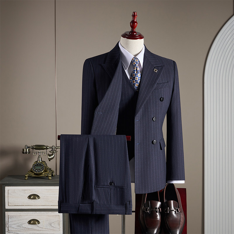 【TGH】双排扣条纹西装男套装春秋高级感商务休闲修身TZ2602