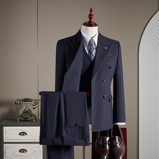 【TGH】双排扣条纹西装男套装春秋高级感商务休闲修身TZ2602