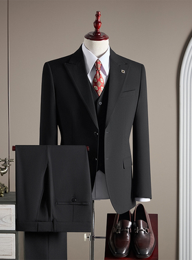 【TGH】珠边戗驳领西装男士套装商务正装新郎结婚西服三件套TZ560