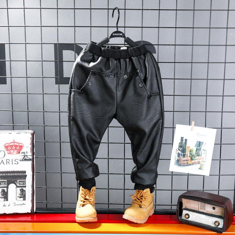 新款童装春秋冬加厚儿童设计款皮裤 男童束脚裤pu皮韩版哈伦裤子