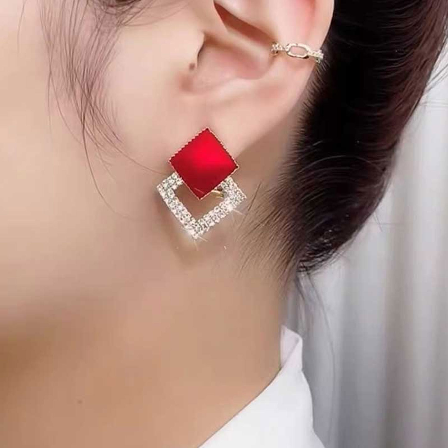 双菱形红色耳环轻奢耳钉