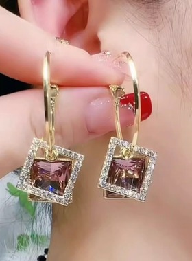 方块紫色耳环女高级感气质大耳圈时尚小众耳饰简约轻奢银针耳钉女