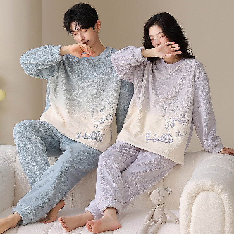 婵之云珊瑚绒情侣睡衣女冬季加厚保暖加绒法兰绒可外穿家居服男