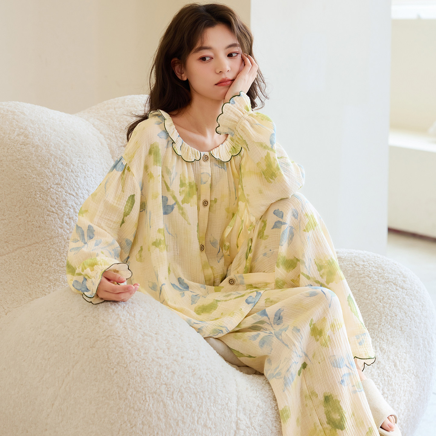 婵之云云朵棉睡衣女双面纱布长袖开衫宽松卡通刺绣女士家居服春秋