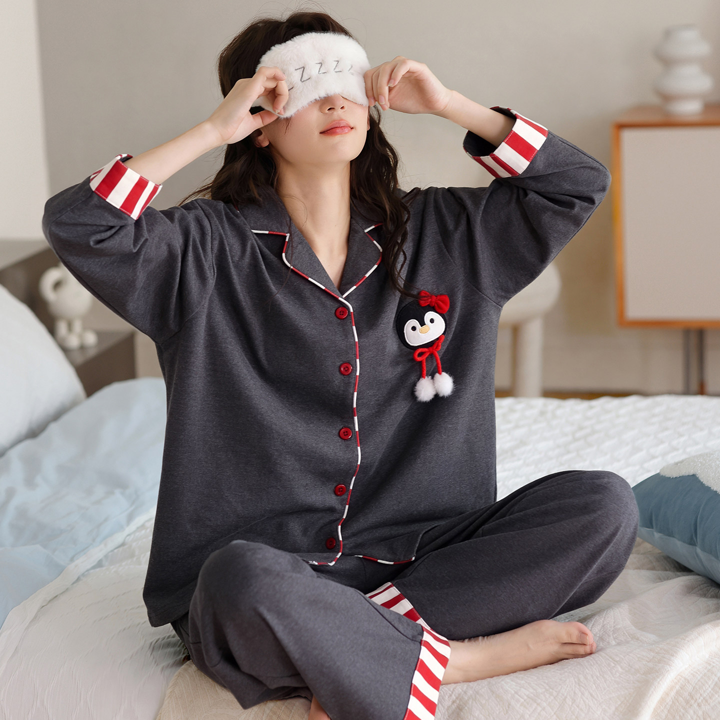 婵之云女士睡衣春秋季纯棉长袖长裤套装全棉休闲卡通大码家居服