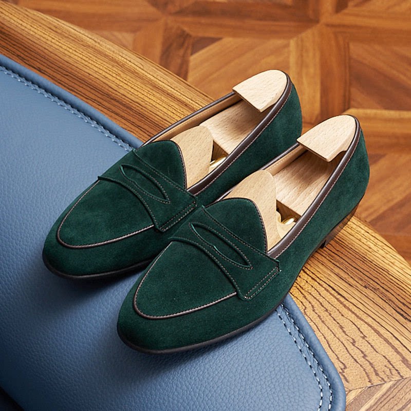 老钱风真皮男士乐福鞋英伦风休闲懒人男鞋反绒皮意式套脚乐福鞋