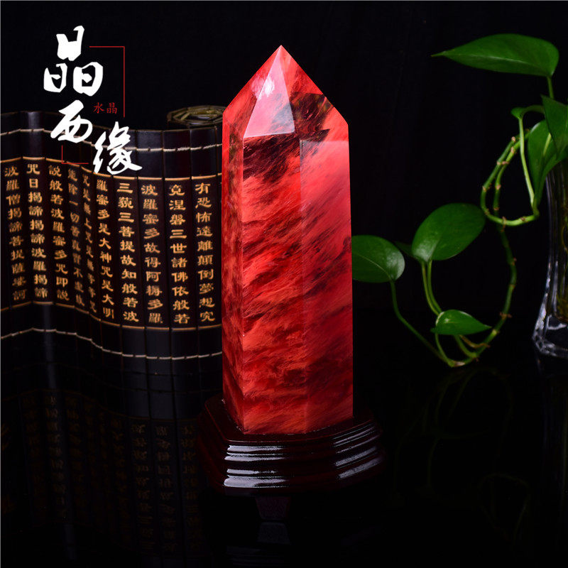 红色水晶熔炼红水晶柱红水晶居家摆件六棱柱顶梁柱开业庆典礼品