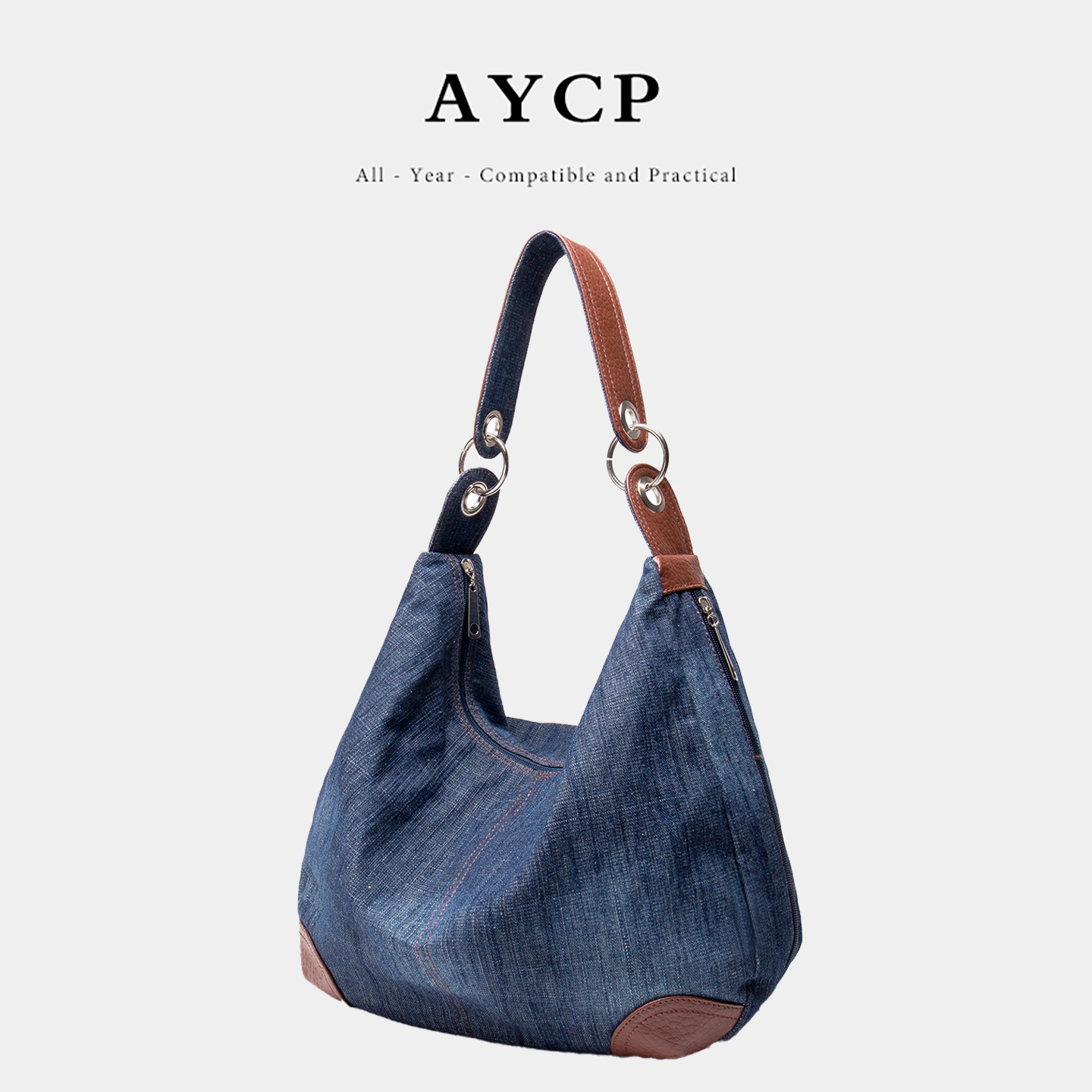 AYCP牛仔帆布包女单肩包休闲撞色包包大容量通勤包深蓝色水洗丹宁