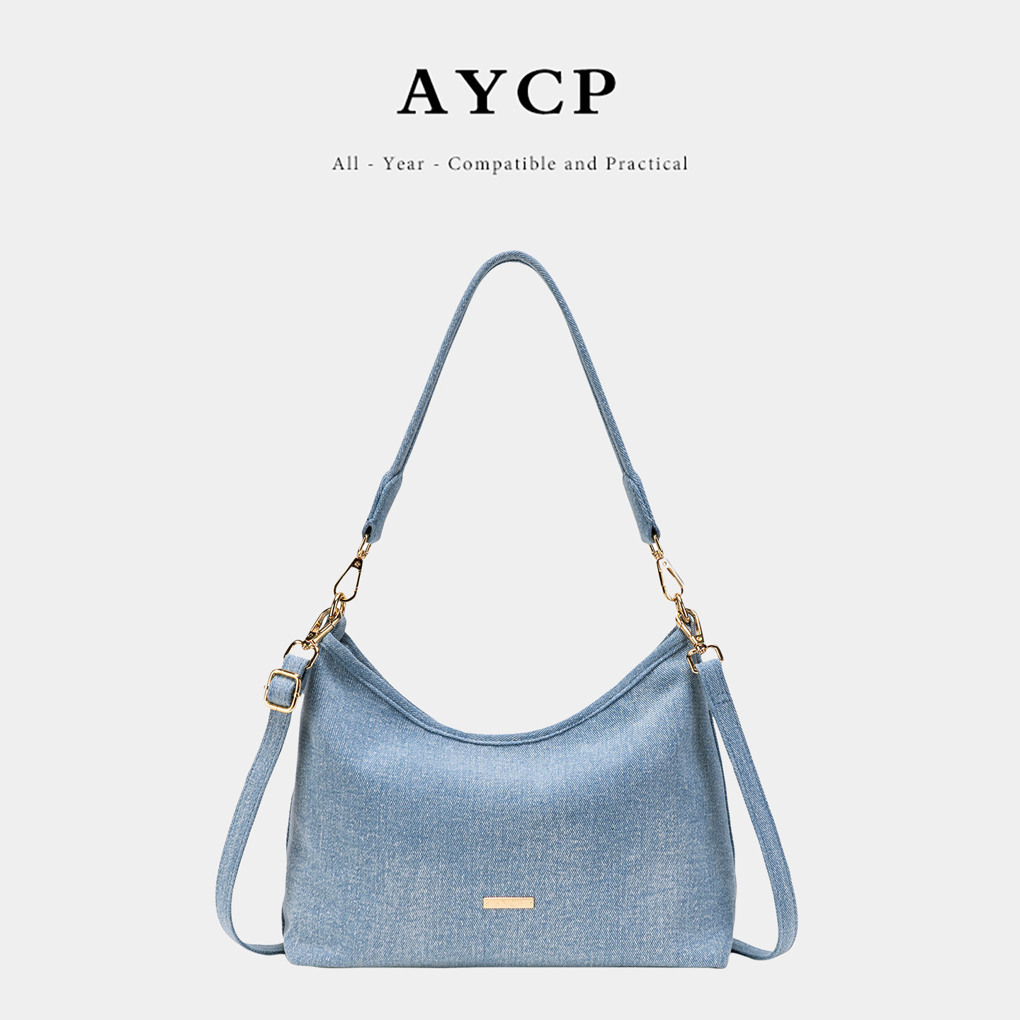 AYCP新款牛仔布单肩包女通勤手提包包复古斜挎包浅蓝色丹宁腋下包
