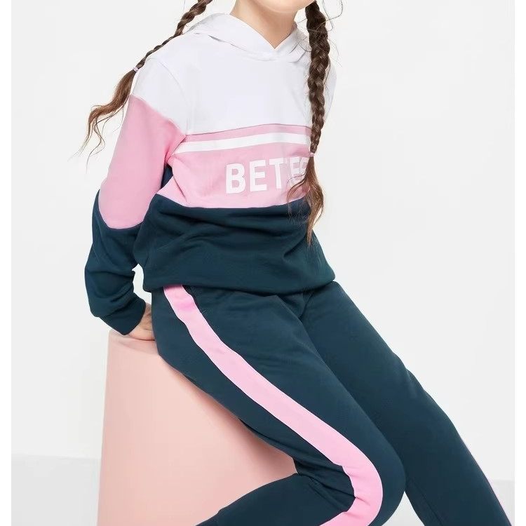 笑笑家 童装套装 女童撞色连帽卫衣+长裤运动装春秋休闲两件套