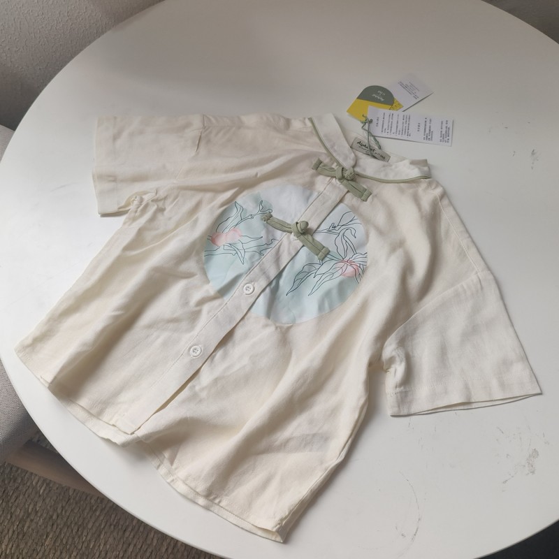 笑笑家 童装上衣  男童古风唐庄汉服短袖衬衣麻衬衫 夏季宽松舒适