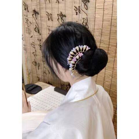 汉服仙气发簪头饰紫色排簪出游盘发花朵点缀造型九排插簪发饰