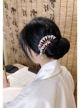 汉服仙气发簪头饰紫色排簪出游盘发花朵点缀造型九排插簪发饰