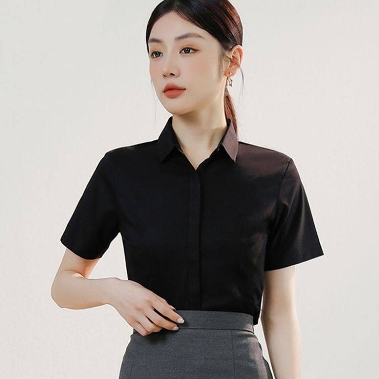 短袖衬衫女夏季职业酒店前台免烫工作服黑色长袖工装衬衣套装秋季图片