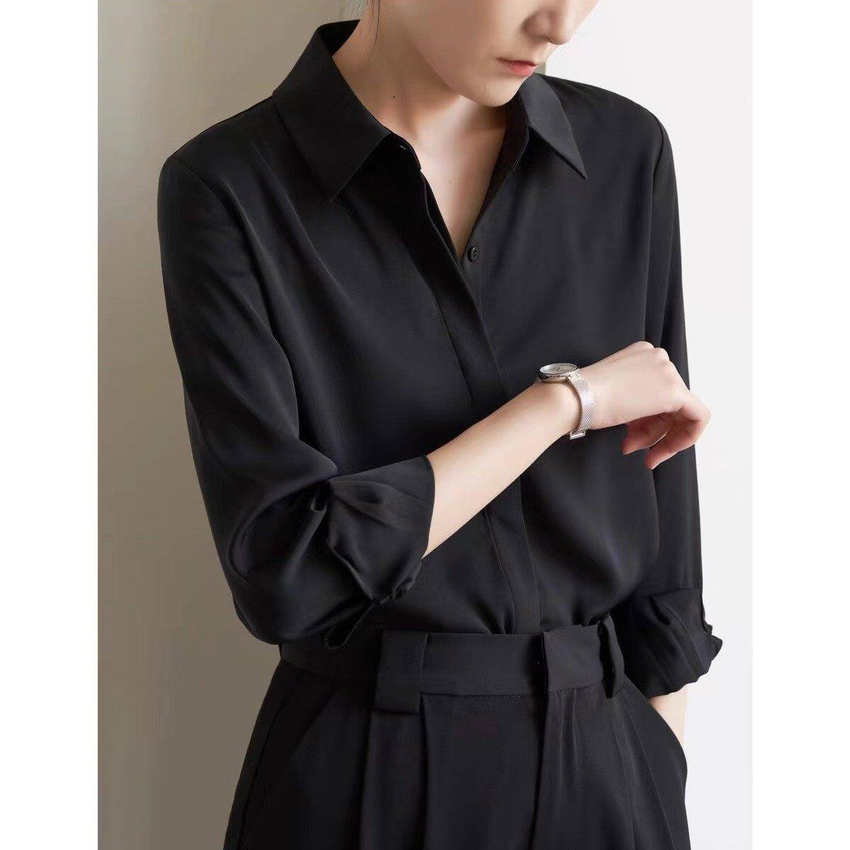 职业黑色衬衫女春秋公务员教师教资大学生答辩面试服装正装套装女
