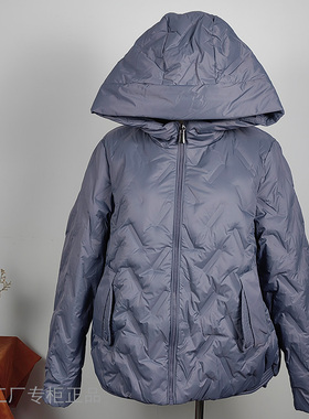 欧路Y88387冬女90羽绒服厚红色婚礼不对称摆O型压花短款宽松连帽