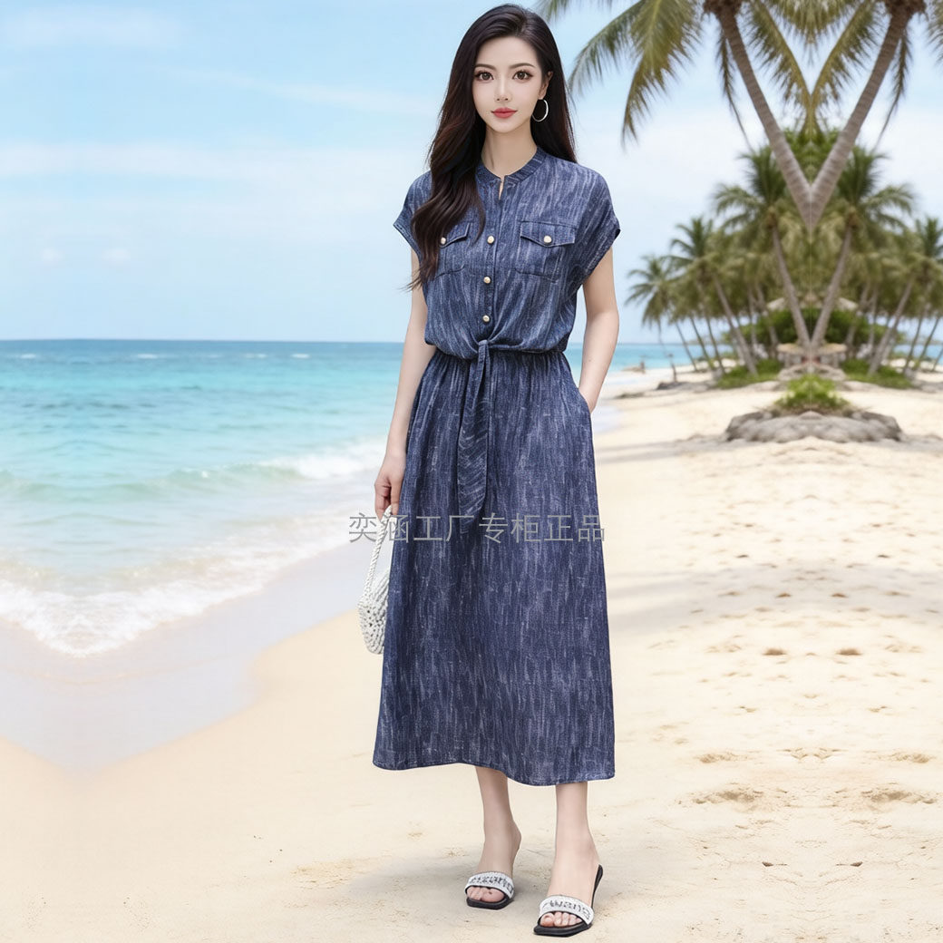奕涵淏2678女夏薄款仿真丝度假通勤碎花长裙松紧腰修身大摆系带