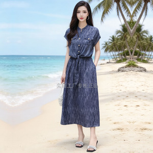 奕涵淏2678女夏薄款仿真丝度假通勤碎花长裙松紧腰修身大摆系带