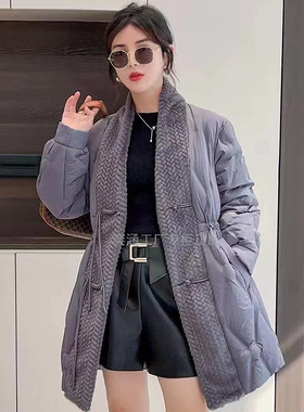 欧路S22169冬女90羽绒服长厚编织毛毛领拼接压花复古修身盘扣流苏