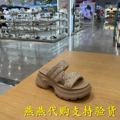 专柜正品百丽2026夏款女钻面休闲简约厚底增高可外穿拖鞋F7V1DBT6