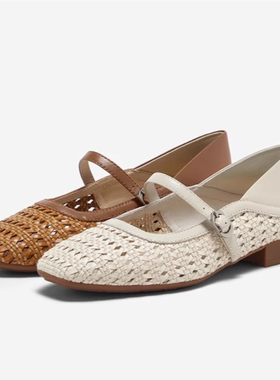 专柜正品拔佳2025春款女鞋通勤透气淑女浅口编织玛丽珍鞋AWV37BQ5