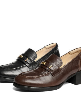 专柜正品森达2026春新款女鞋厚底乐福鞋羊皮粗跟通勤单鞋XWK01AA6