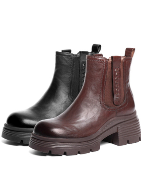 专柜正品百丽2025冬款女靴切尔西靴厚底粗跟加绒中筒短靴F2K1DDD5