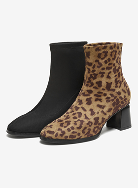 专柜正品他她2025冬款女靴豹纹时装靴短筒靴粗跟增高短靴XWV01DD5