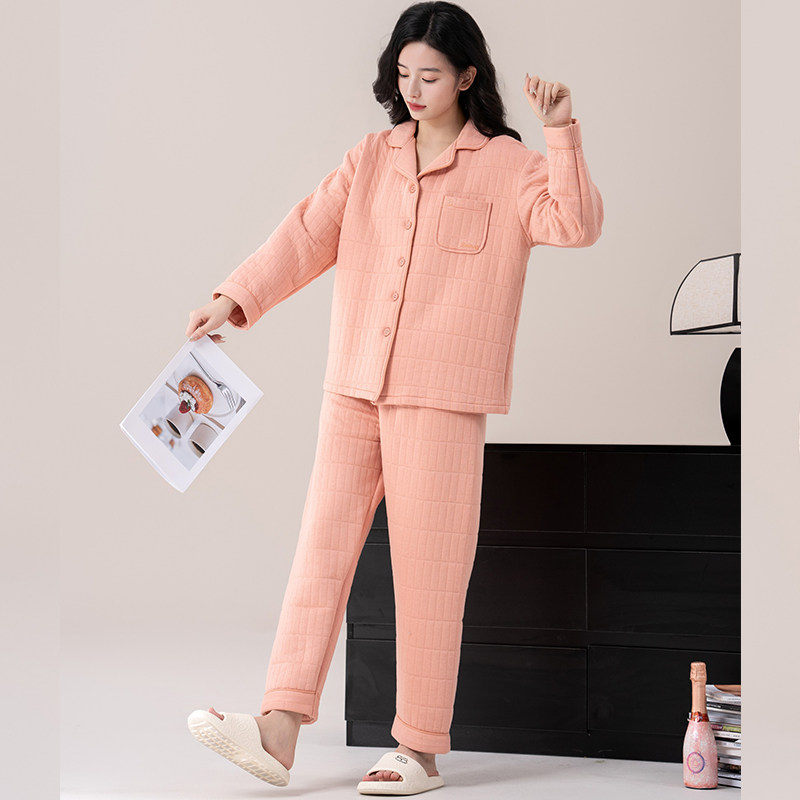 佳洁儿95206秋冬季女士纯色双面纯棉夹层棉家居服套装