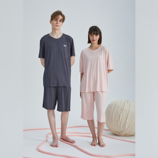 优可丝棉家居服套装 佳洁儿男21165女21850夏季 中裤 纯色短袖 情侣款